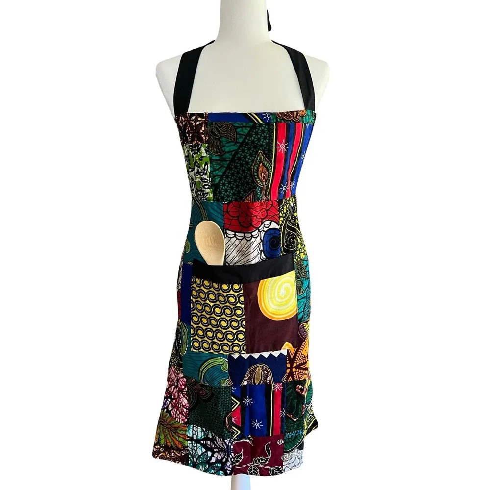 Handmade African Wax Print Patchwork Bib Apron Multicolor Kitchen Cooking Pocket